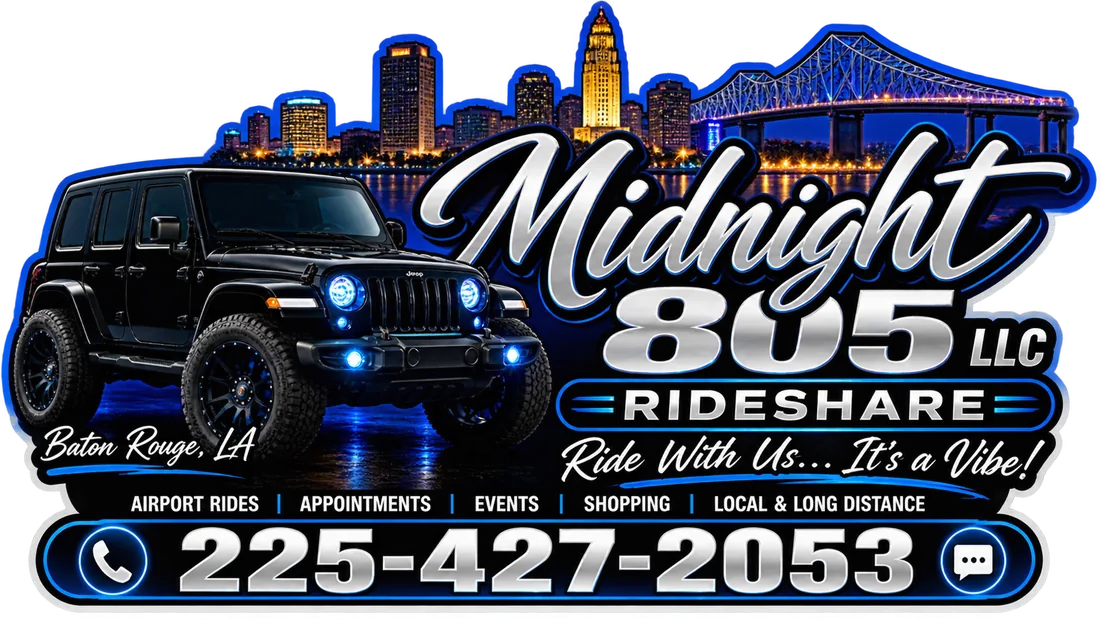 Midnight 805 LLC Rideshare logo: a black Jeep in front of the Baton Rouge skyline and bridge at night
