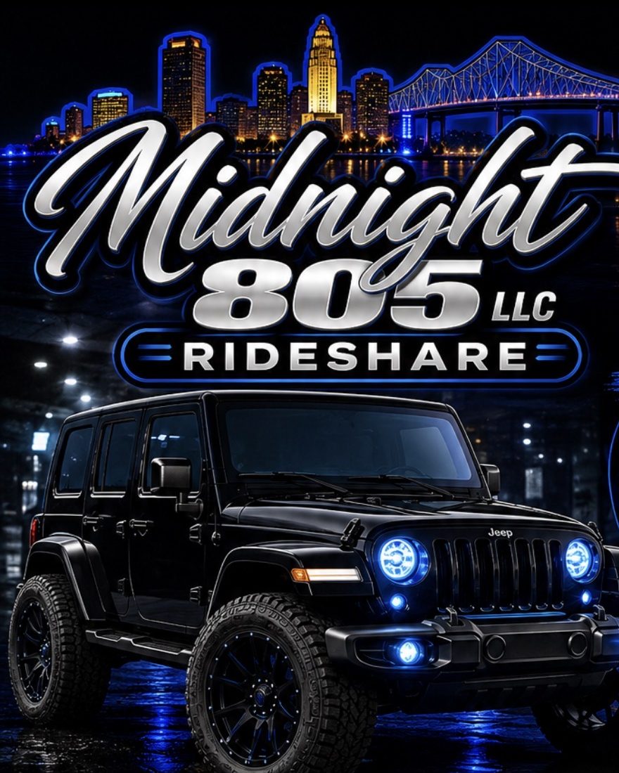 Midnight 805 LLC Rideshare: a black Jeep with blue lights in front of the Baton Rouge skyline